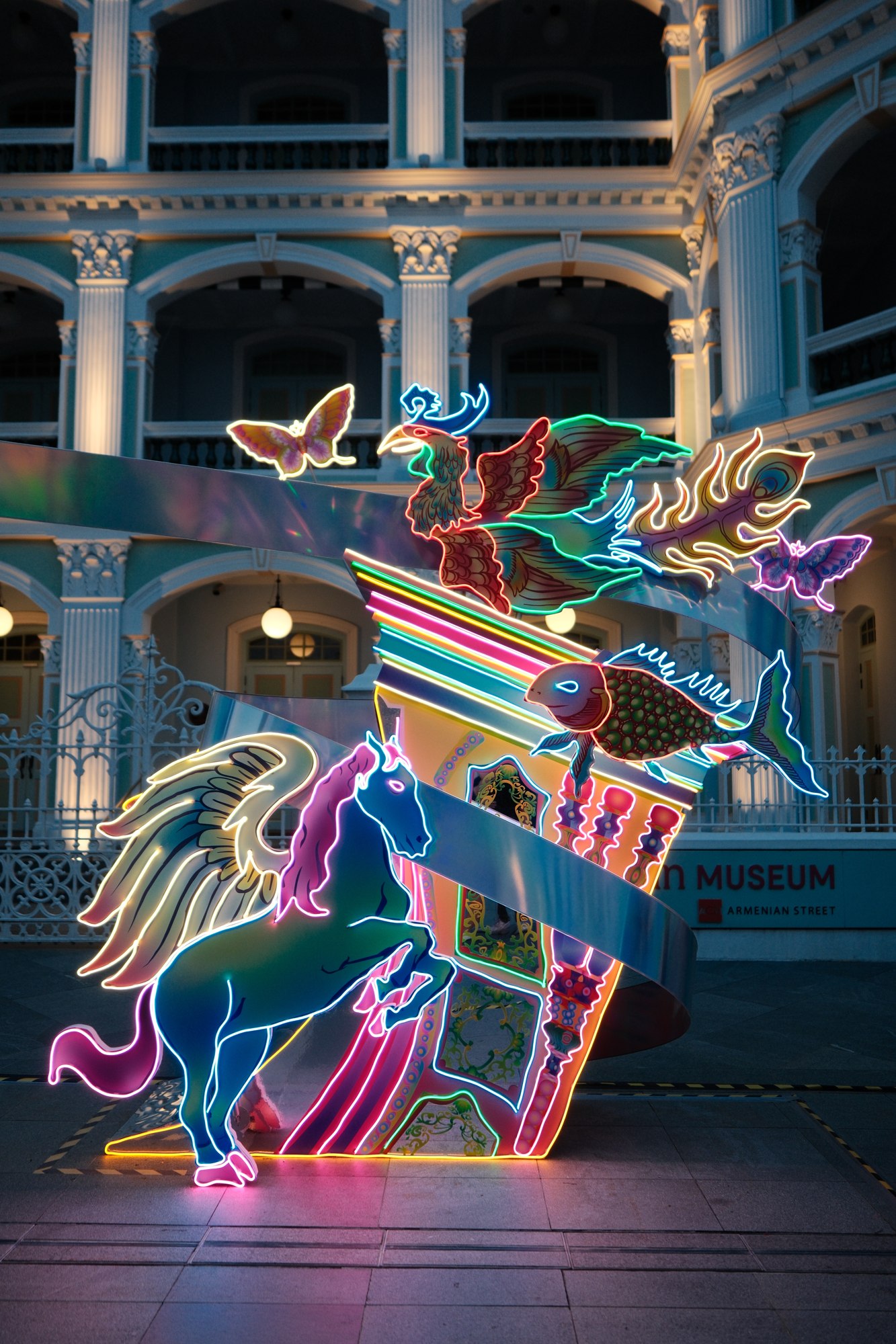 A brightly illuminated dragon display